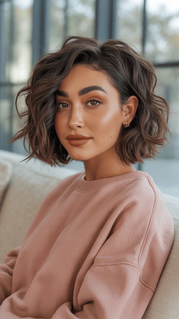 Tousled wavy chin-length bob with brunette hair and pink sweatshirt