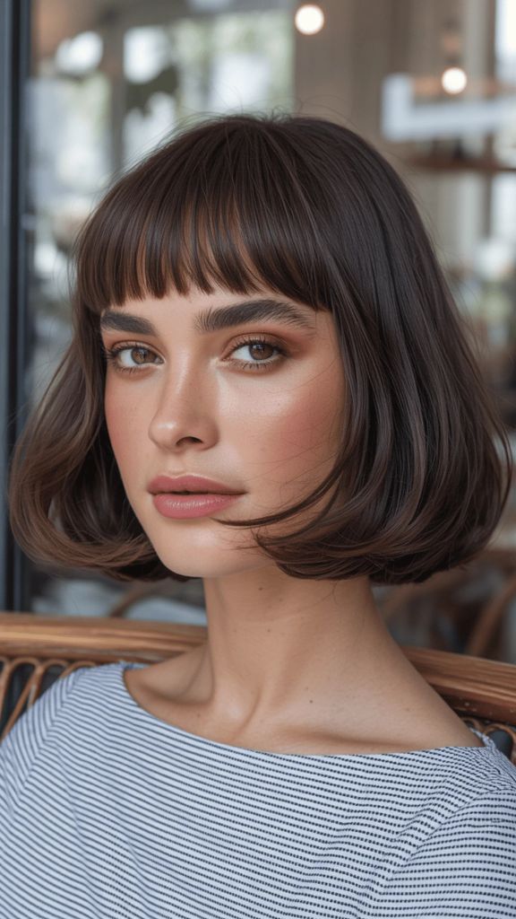 French bob with straight-across bangs and brunette hair