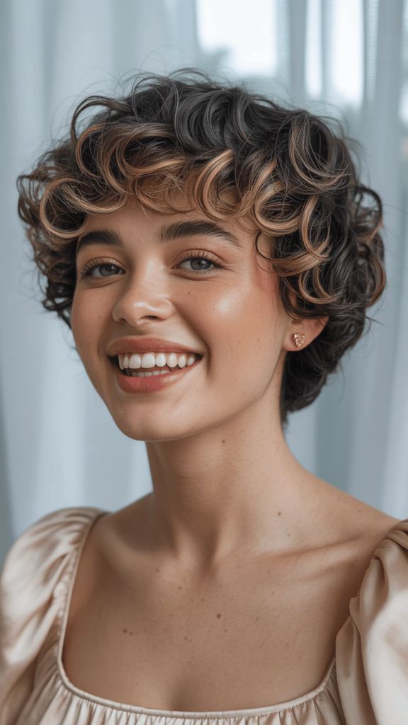 Short curly pixie cut with warm highlights and a bright smile