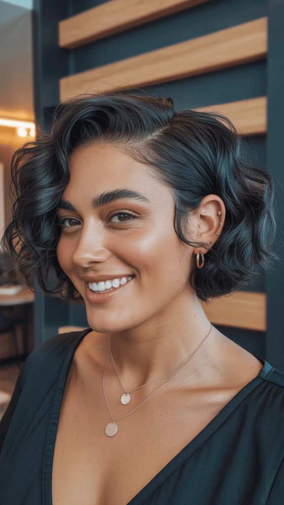 Wavy cropped bob with dark hair and coin necklaces