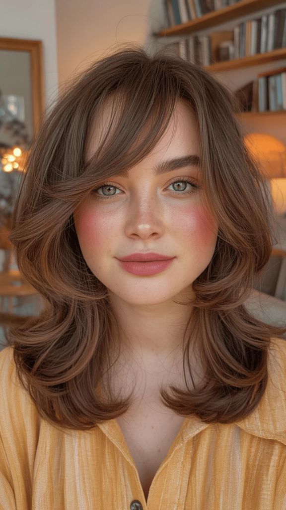 Medium-length layered hair with curtain bangs and rosy cheeks