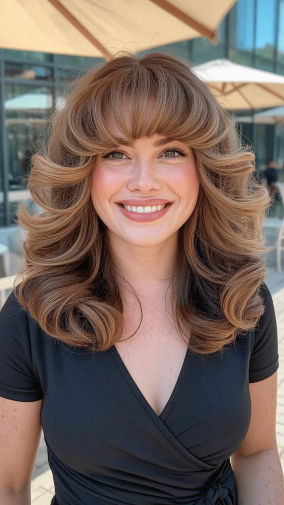 Long layered hair with bangs and retro blowout volume