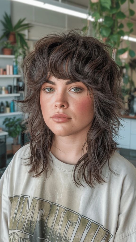 Textured shag with heavy layers and curtain bangs