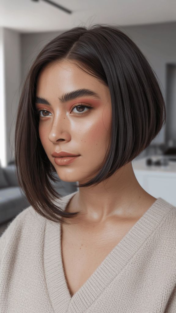 Soft angled bob with brunette hair and warm eye makeup