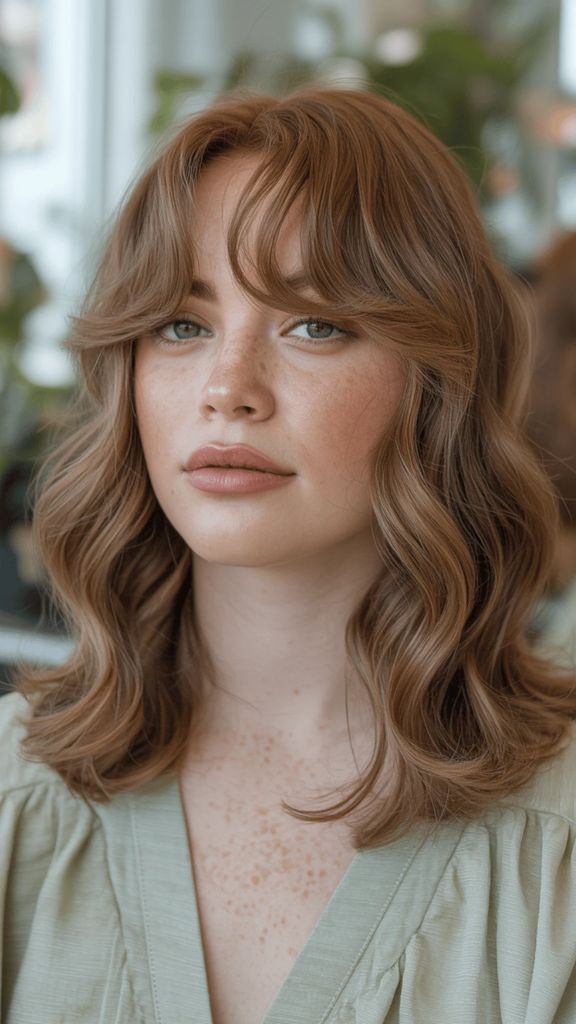 Medium strawberry blonde wavy hair with soft curtain bangs