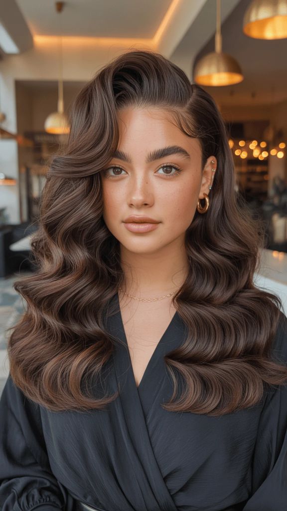 Long voluminous brunette waves with side part