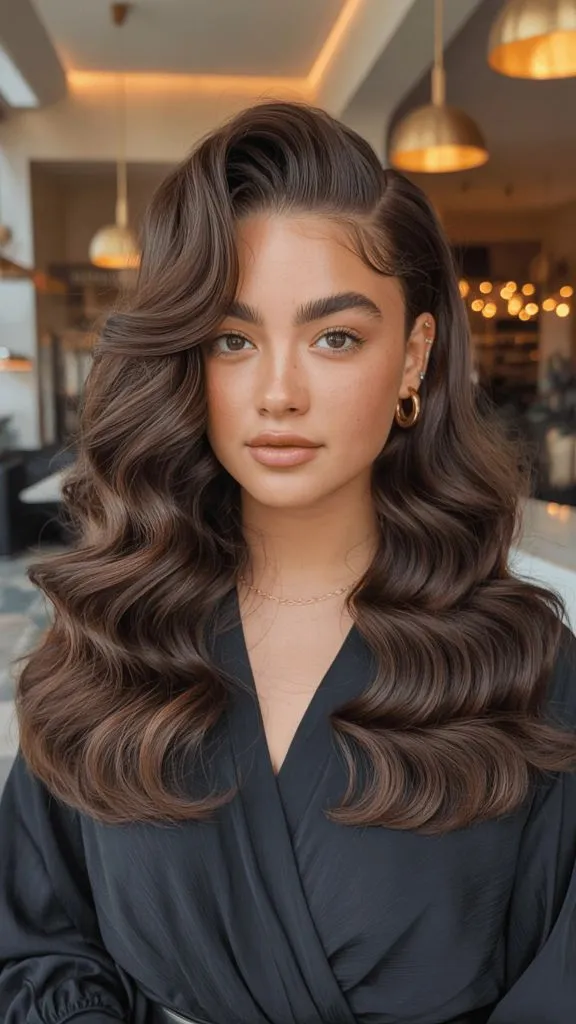 Long voluminous brunette waves with side part