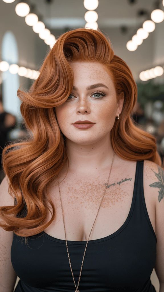 Long glamorous copper waves with side-swept volume