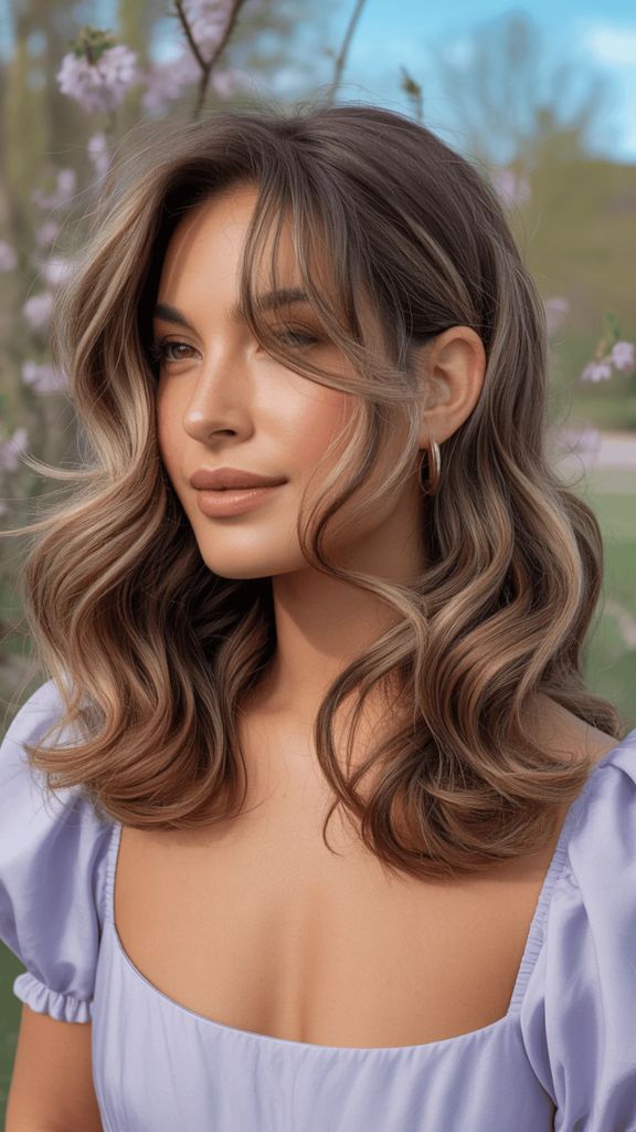Medium-length brunette balayage with soft waves and lavender top