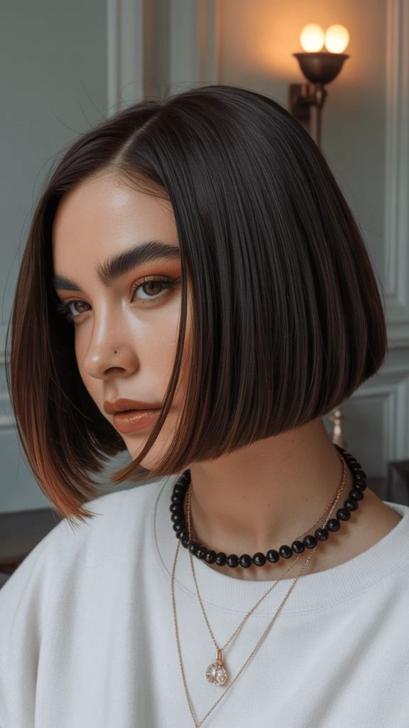 Sleek blunt bob with dark hair and warm undertone highlights