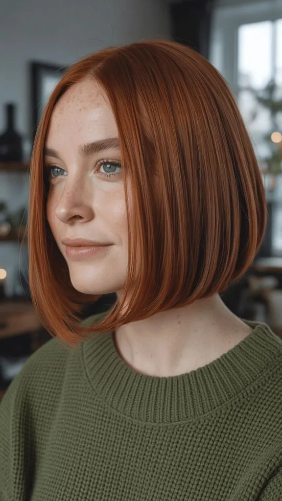 Copper red blunt bob with blue eyes and freckles