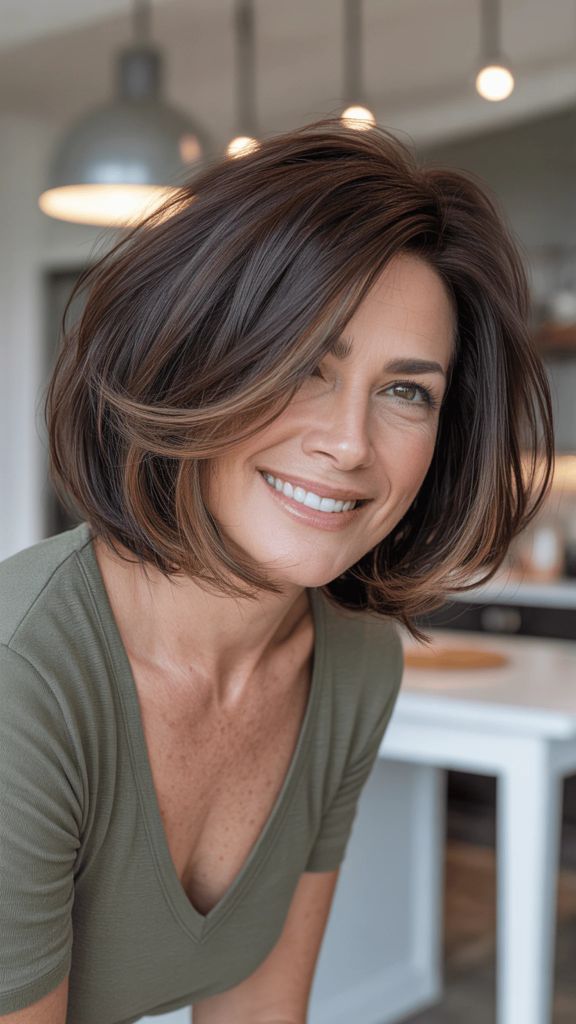 Tousled Brunette Bob With Warm Highlights