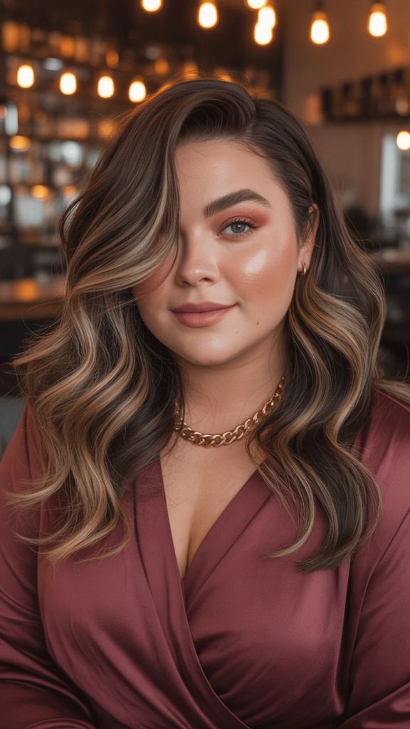 Long highlighted brunette waves with chain necklace and burgundy top