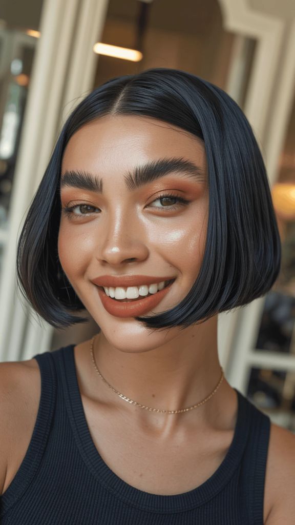 Short micro bob with blue-black hair and warm smile