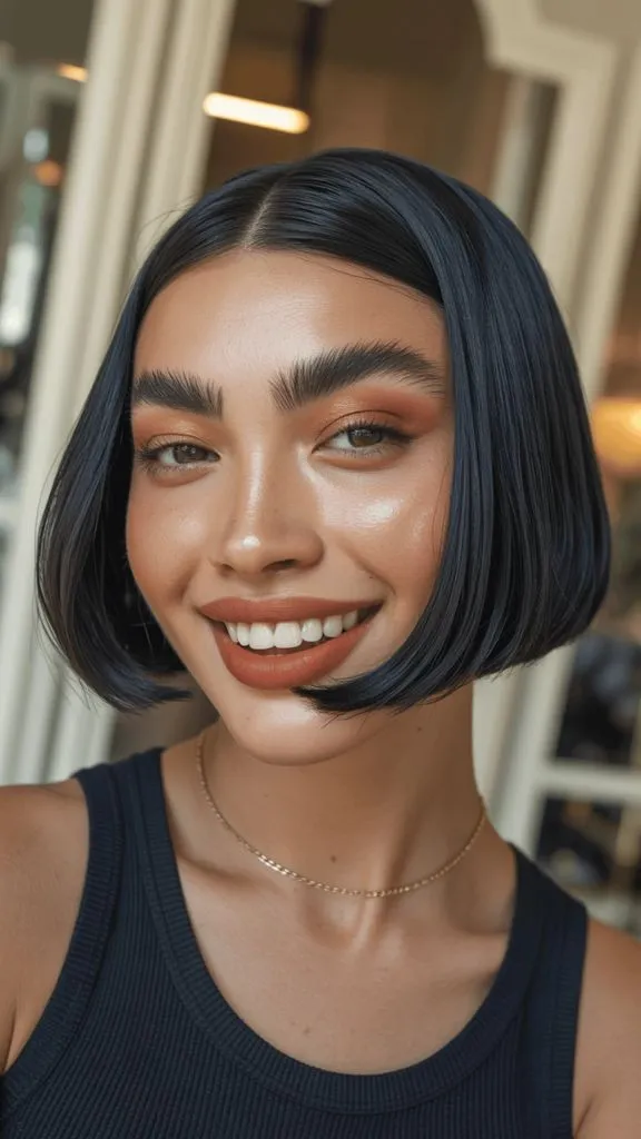 Short micro bob with blue-black hair and warm smile