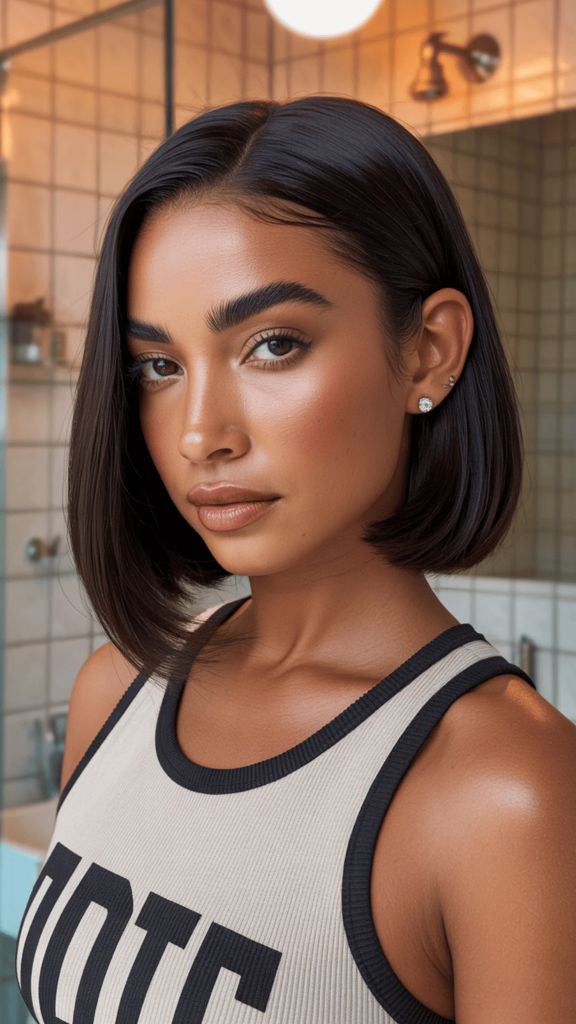 Chin-length bob with dark hair and glowing skin