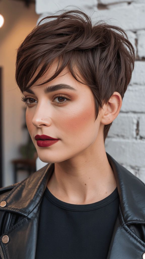 Textured pixie cut with dark brown hair and leather jacket