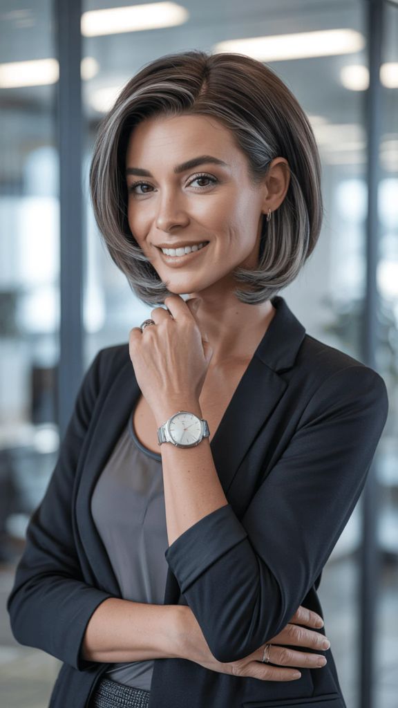 Polished Brunette Bob With Gray Blend