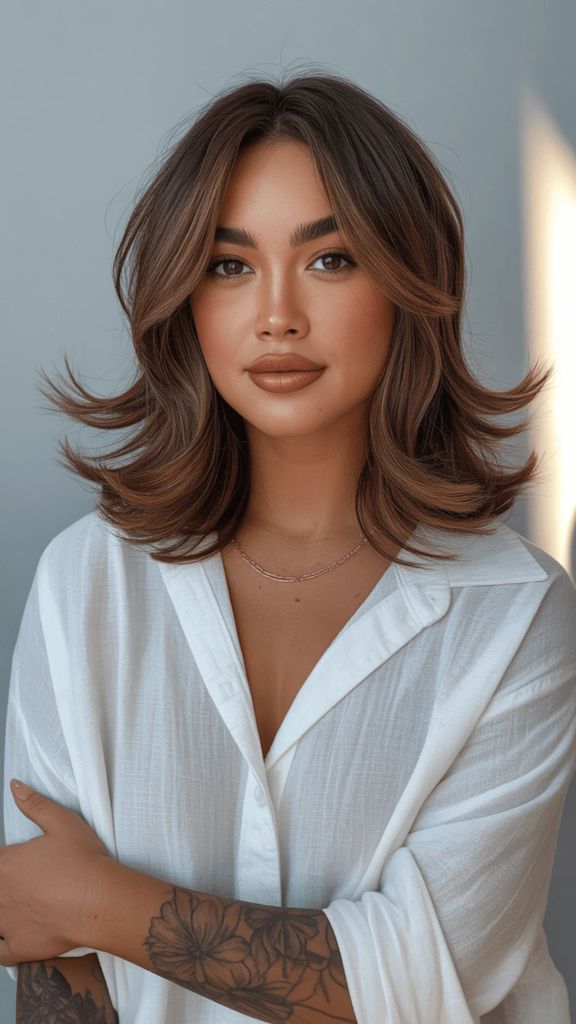 Medium-length layered bob with flipped ends and warm brown hair