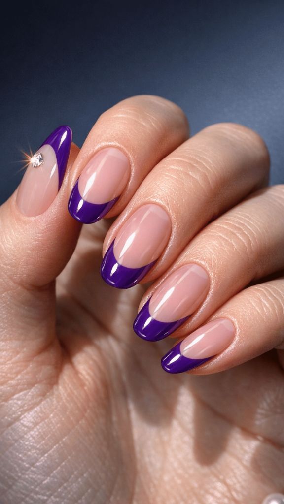 Purple French tip nails with rhinestone