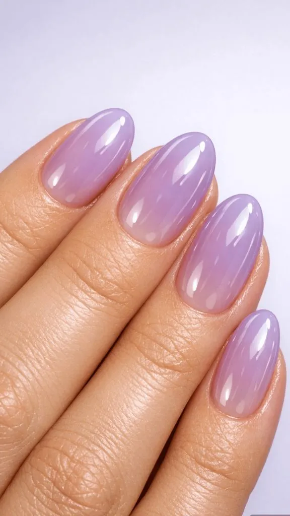 Almond nails in sheer lavender jelly gel