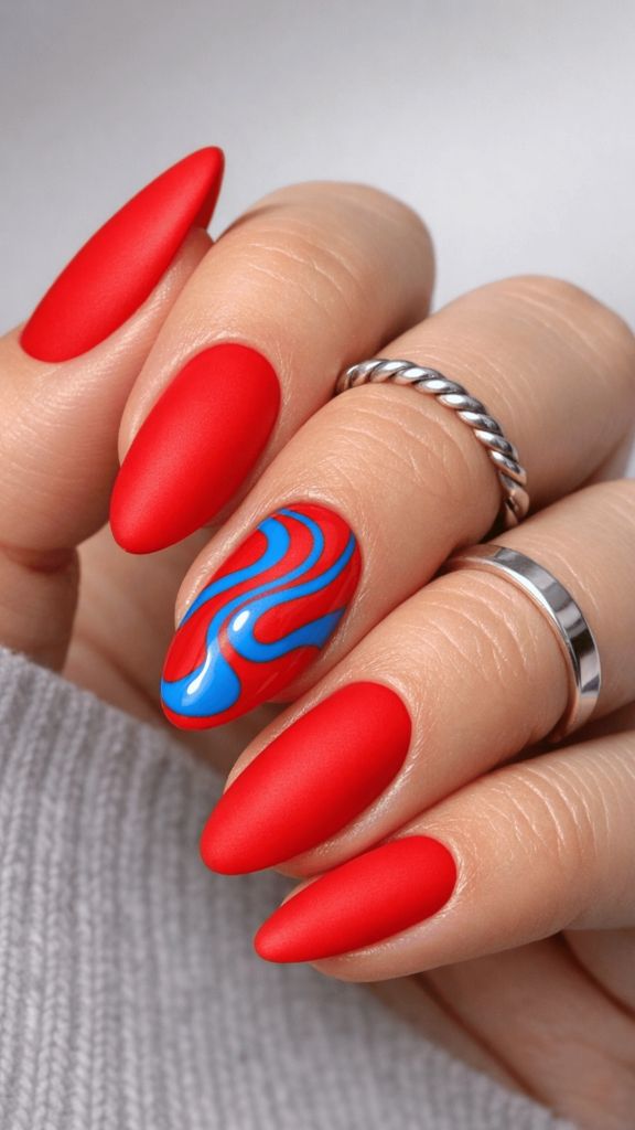 Matte Red Blue Swirl Oval Nails