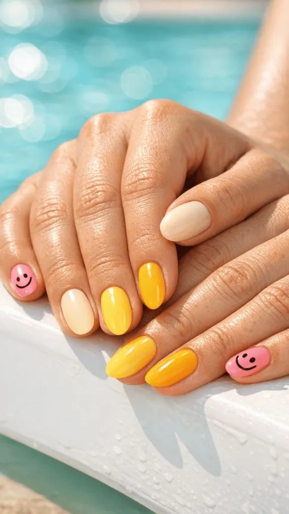 Yellow Smiley Face Nails