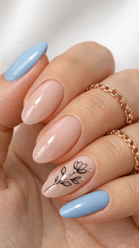 Sky Blue and Nude Floral Oval Nails
