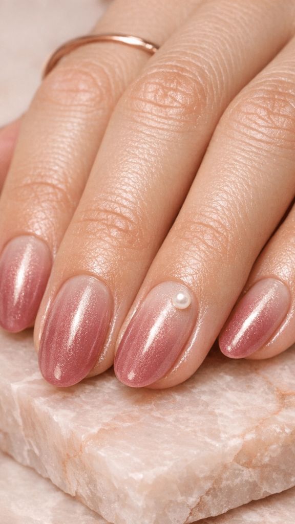 Almond nails with rosy pink shimmer and single pearl accent