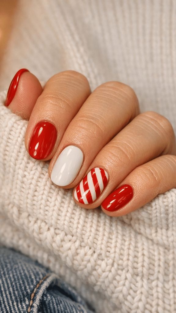 Red and white striped nails with candy cane design