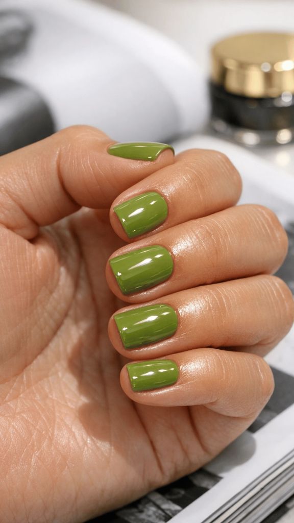 Olive green glossy nails