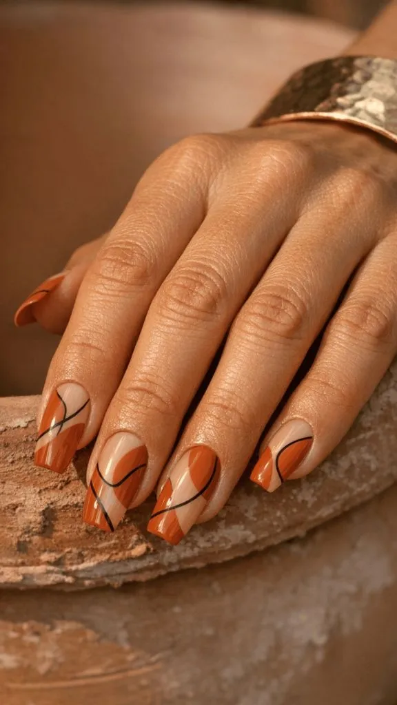 Square nails with terracotta and cream abstract design with black line accents