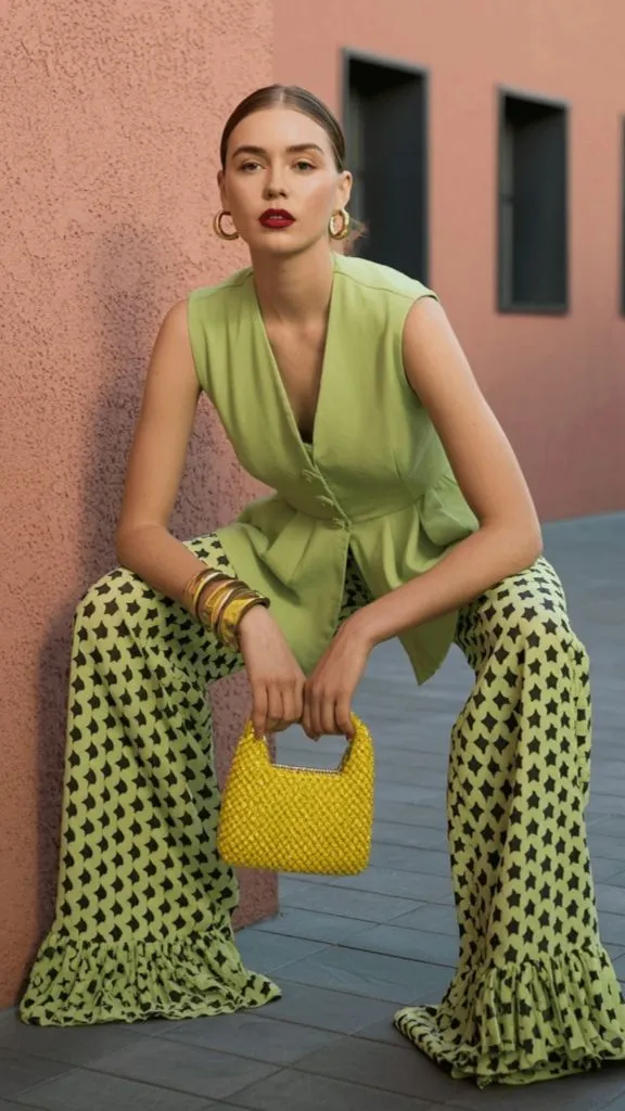 Chartreuse sleeveless vest with green and black star-print flare pants, gold bangles, and yellow beaded bag