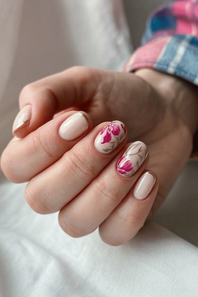 Nude Floral Watercolor Nails