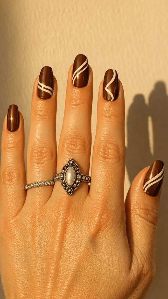 Brown nails with white swirl designs
