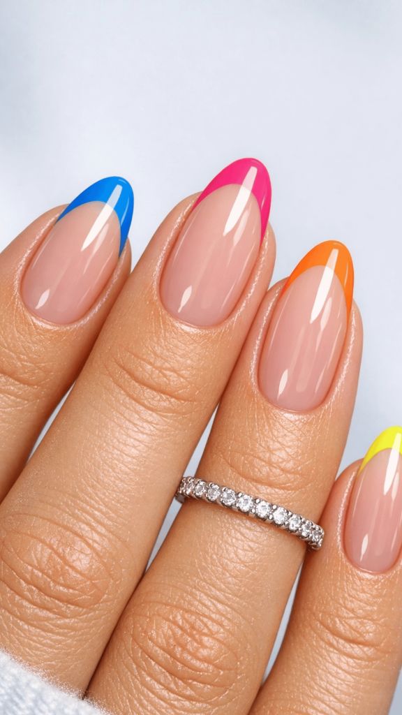 Rainbow French Tips Oval Nails