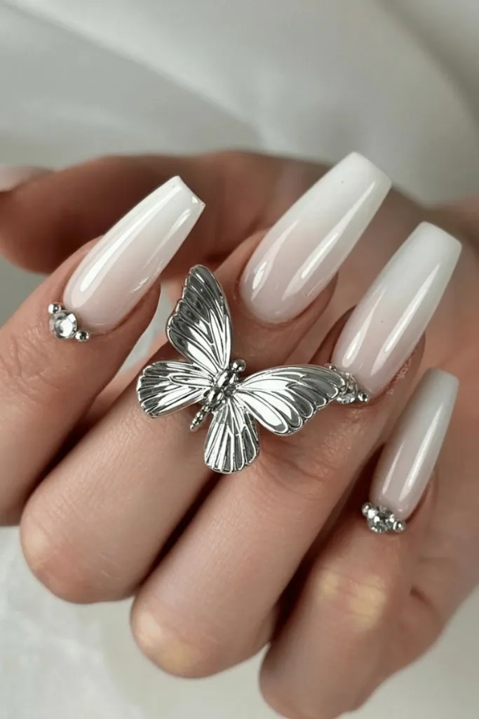 Milky White Crystal Nails