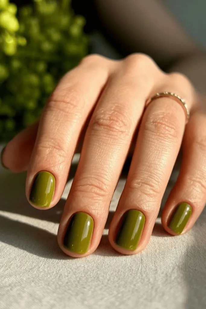 Olive Green Glossy Short Nails