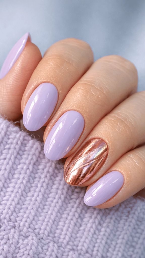 Lavender and Rose Gold Chrome Oval Nails