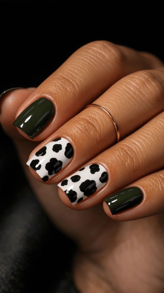 Olive green nails with cow print accent nails