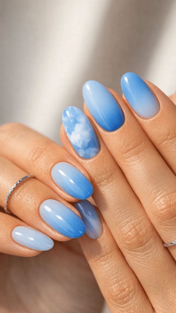 Cloudy Blue Ombré Oval Nails
