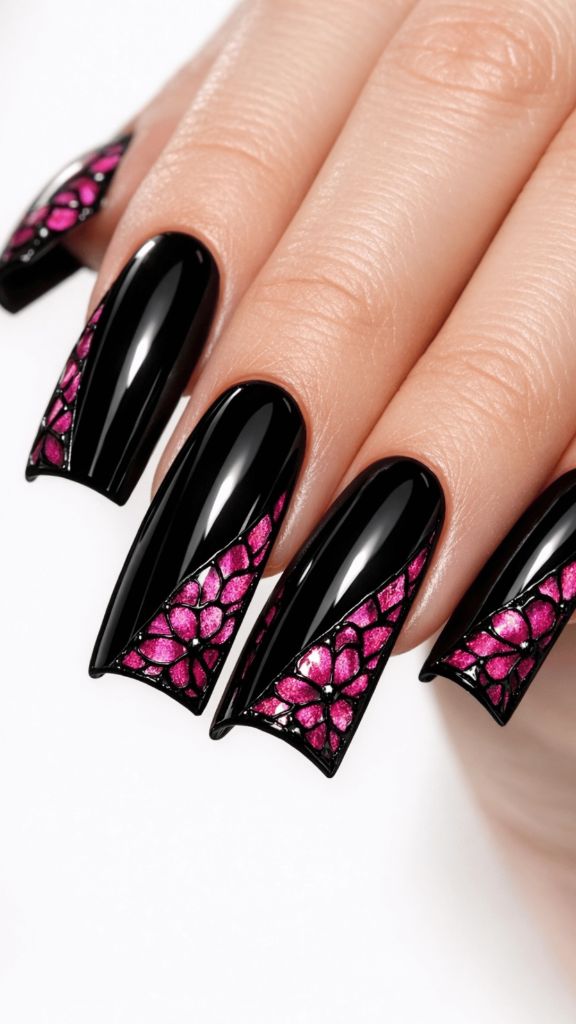 Black coffin nails with magenta stained glass floral design on tips