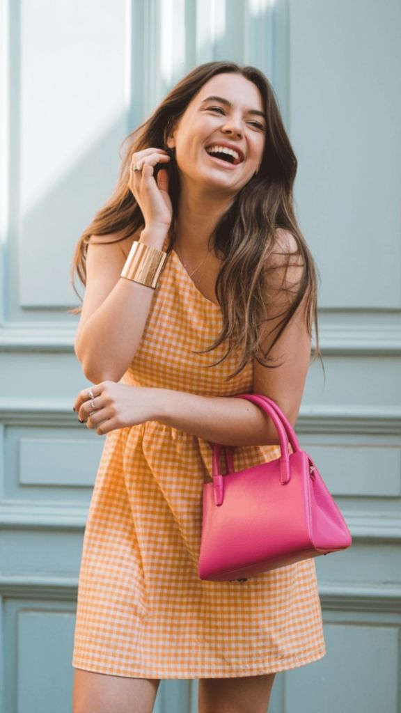 Orange and white gingham mini dress with pink mini handbag and gold cuff bracelet