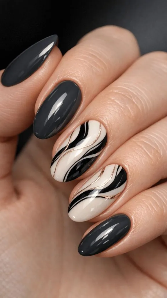 Dark Wave Marble Oval Nails