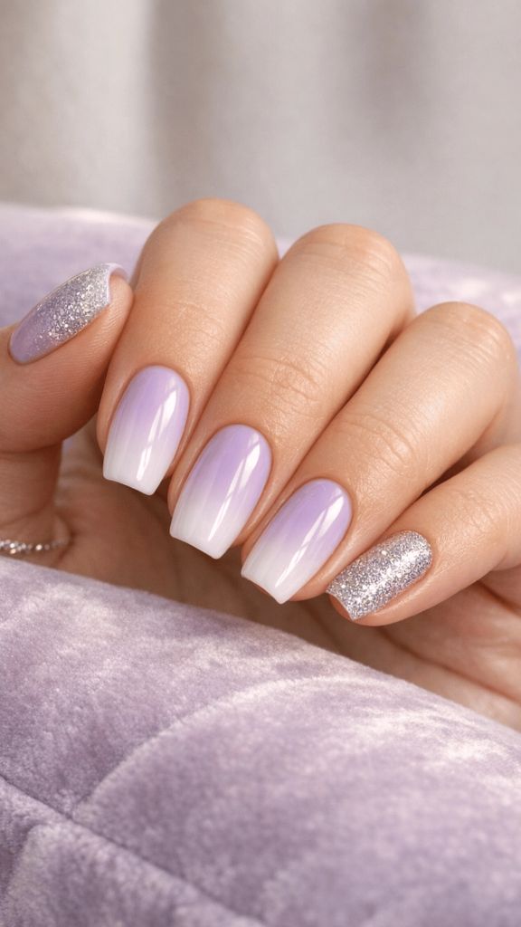 Lavender ombre nails with silver glitter accent nails