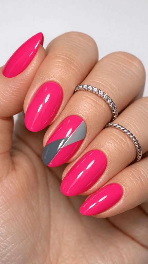 Hot Pink Geometric Oval Nails