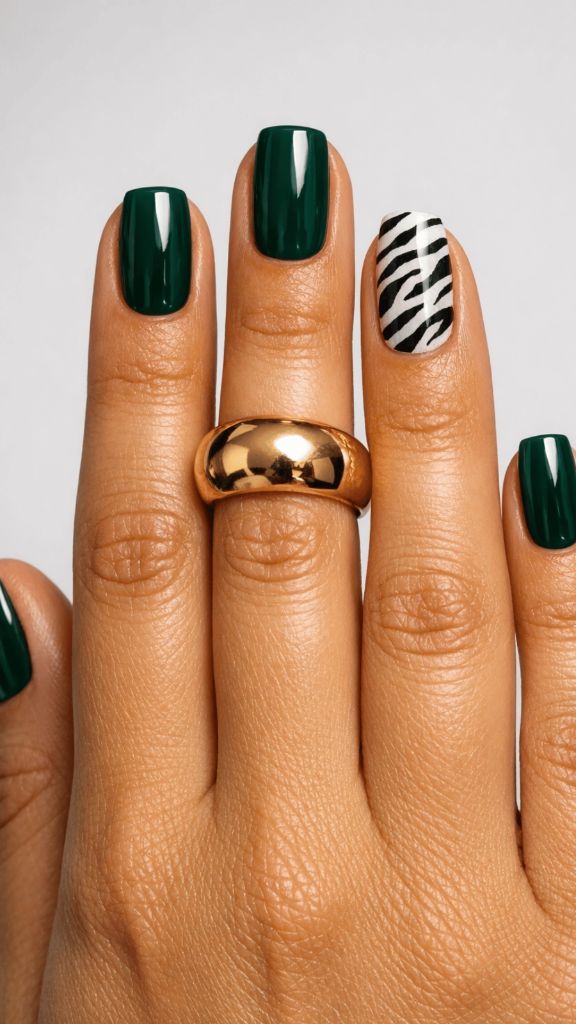 Dark emerald green nails with zebra print accent