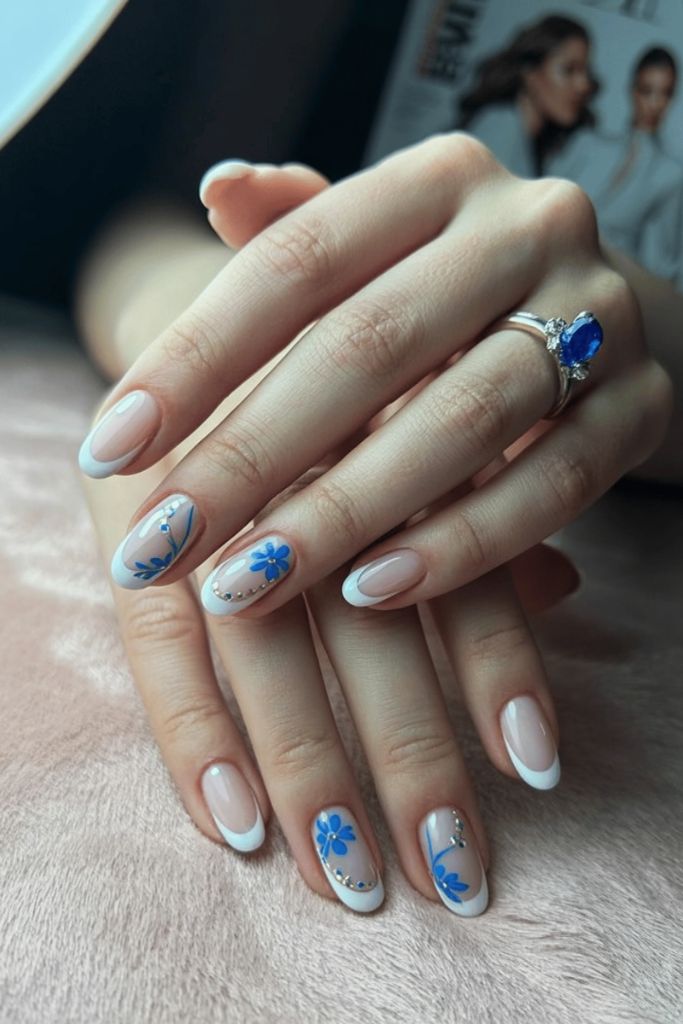 French Tip With Blue Floral Art