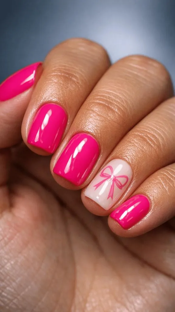Hot pink short nails with one sheer nude accent nail featuring a delicate pink bow drawing