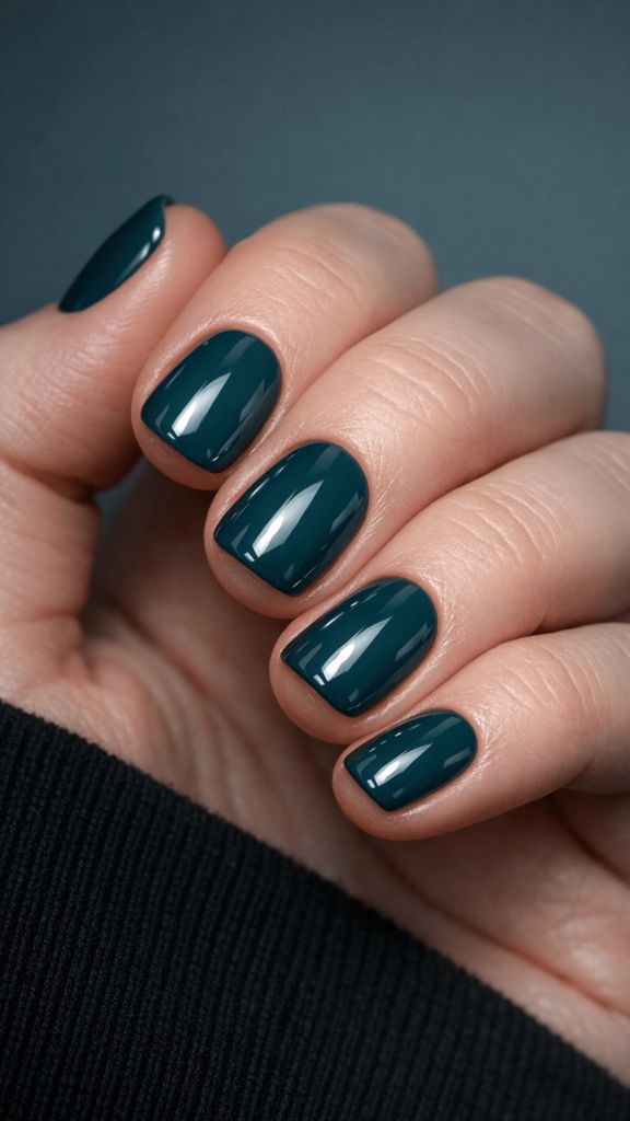 Short nails painted in a deep, glossy teal shade